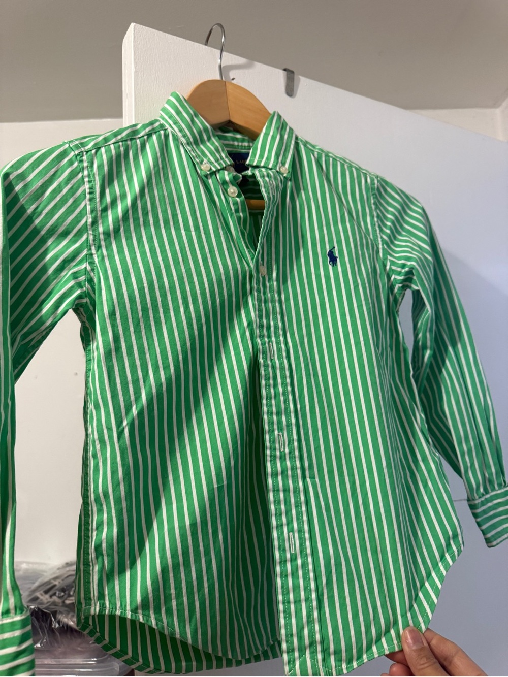 Ralph Lauren Green & White Striped Button-Down Shirt for Kids with Polo Logo